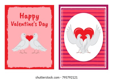Happy Valentines Day congratulation on festive postcards with doves couples and red heart between them isolated cartoon flat vector illustrations set.