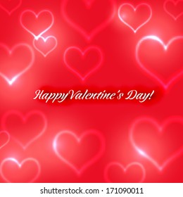 Happy Valentines Day congratulation, sparkling hearts on red background, vector