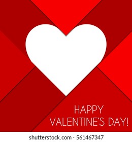 Happy Valentine's Day Congratulations Card in Material Design Style. White Paper Hearts on Red Background. Vector Illustration