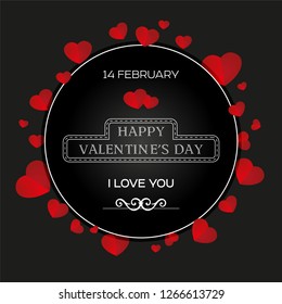 Happy Valentine's Day. Congratulatory card. Red hearts and round frame on a black background.