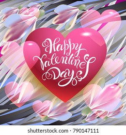 Happy Valentine's Day. A congratulatory poster with a handwritten font and a pink heart on a floral spring pattern.
