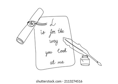 Dibujo de línea continua del día de San Valentín feliz. Una línea de texto escrito a mano en inglés con desplazamiento, carta con palabras románticas, inkwell, plumas, tarjeta de saludo de 14 de febrero.