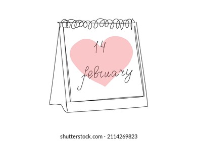 Happy valentines day continuous line drawing. One line art of english hand written lettering with loose-leaf calendar with date and big heart, 14 february.