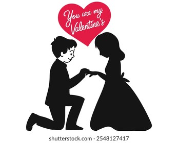 Happy Valentine's Day! A continuous line art of a boy on his knees proposing to a girl on a white background. 