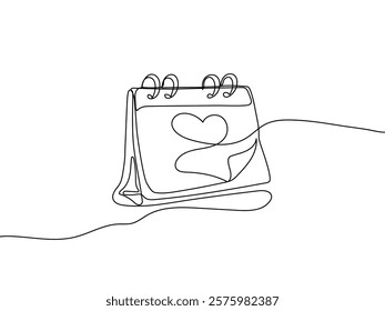 Happy valentines day continuous line drawing. One line art of  loose-leaf calendar with heart