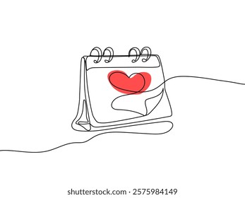 Happy valentines day continuous line drawing. One line art of loose-leaf calendar with heart