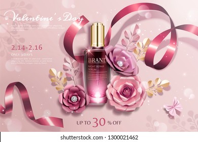 Happy Valentine's day cosmetic ads with paper flowers  and ribbons decorations