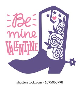 Feliz Día de San Valentín Granja de campo con bota de Cowboy y decoración de texto. Fondo de ilustración de vector rosa aislado en blanco para tarjeta o impresión