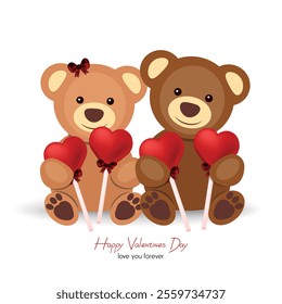 Happy valentines day, couple bears holding heart sweets	