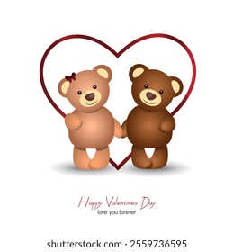 Happy valentine's day, happy couple bears holding hands with big heart behind	