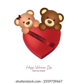 Happy valentine's day, happy couple bears teddies holding big heart sweet box