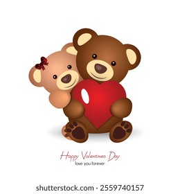 Happy valentine's day, happy couple bears teddies together with big heart