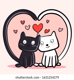 Happy Valentines Day with couple cats black and white colors, Valentines card and poster