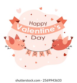 Happy Valentine's Day. Couple of cute birds with flag garland. Love, romance, relationship concept. Flat vector illustration