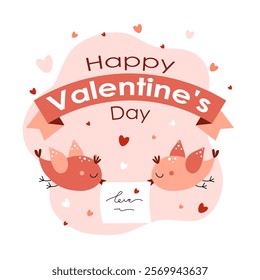 Happy Valentine's Day. Couple of cute birds with letter. Love, romance, relationship concept. Flat vector illustration