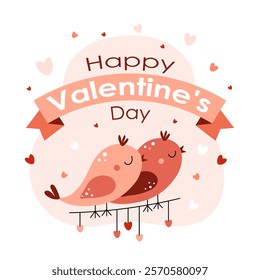 Happy Valentine's Day. Couple of cute birds on garland with hearts. Love, romance, relationship concept. Flat vector illustration