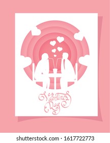 happy valentines day with couple in dinner silhouettes vector illustration