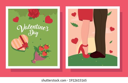 Happy valentines day couple heart box and flowers in cards of love passion and romantic theme Vector illustration