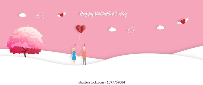 Happy valentines day with happy couple holding heart balloon on valentines background - Vector illustration.