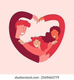 Happy Valentine's day! Couple with kid. Vector illustration for the spring holiday of love - February 14th. Love. Heart shape. Family hug.