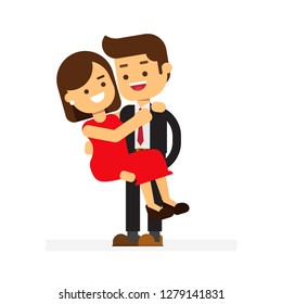 Happy valentine's day. Couple in love. Man and woman embracing each other affectionately and hold girl in arms