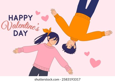Happy valentines day a couple lying down with smile expression. Cartoon illustration background