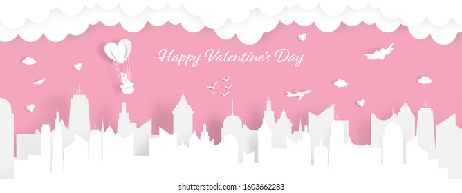 Happy valentines day with happy couple on balloon in the sky in cityscape. Town. 14 february. - Vector Illustration paper art.