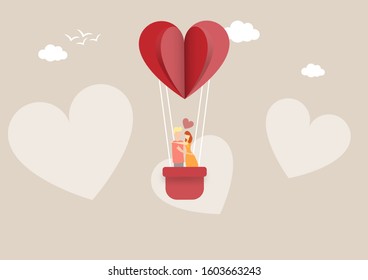 Happy valentines day with happy couple on balloon in valentines background. 14 february.  - Vector Illustration.