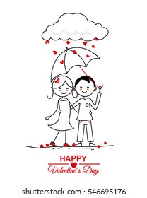 Happy Valentine's Day. Couple in the rain of hearts