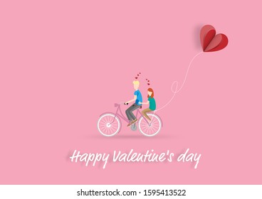Happy valentines day with happy couple is riding a bicycle in valentines background - Vector illustration.