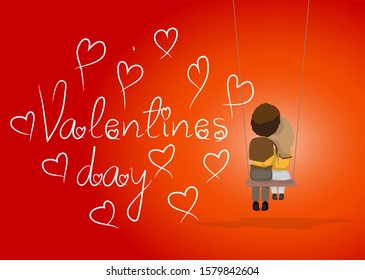 Happy Valentines Day Couple Sitting On Swing. Isolated On Background, Vector. Valentines Day Couple For Greeting Card. Happy Romance And Valentine Day.Happy Couple Hugging.Young Couple In Love Concept