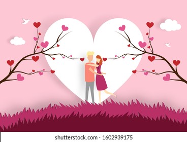 Happy valentines day with happy couple stand in the meadows. 14 february.  - Vector Illustration.