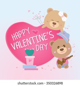 Happy Valentines Day Couple Teddy Bear And Pink Heart