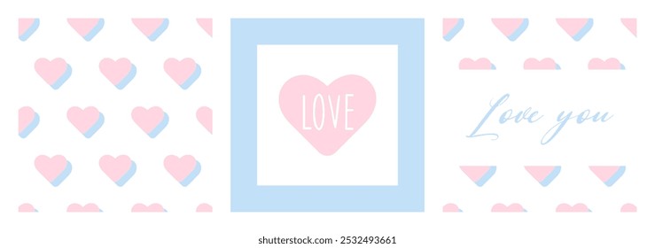 Conjunto de Vector de cubierta de feliz día de San Valentín. Anuncios con Corazones y letras "amor". Fondo sin fisuras con corazones, tarjetas de felicitación con inscripciones. Tarjetas modernas en estilo retro. Confesión romántica