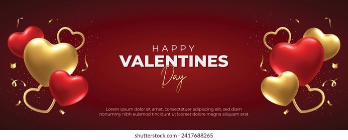 Feliz portada del Día de San Valentín y encabezado del sitio web. Fondo del Día de San Valentín Rojo y Oro con texto para portada, afiche, banner e iluminación del vector web