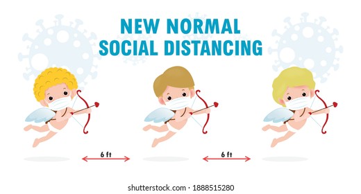 happy valentines day for covid 19 and social distancing infographic new normal lifestyle concept, cute cupid wearing face mask protect corona virus in love holiday isolated on background flat vector 