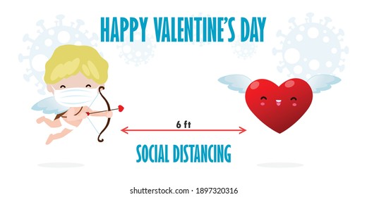 happy valentines day for covid 19 and social distancing infographic new normal lifestyle concept, cute cupid wearing face mask protect corona virus in love holiday isolated on background flat vector