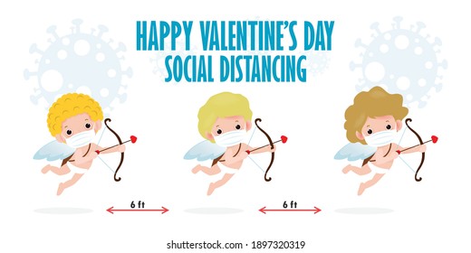 happy valentines day for covid 19 and social distancing infographic new normal lifestyle concept, cute cupid wearing face mask protect corona virus in love holiday isolated on background flat vector 