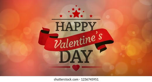 Happy Valentines Day creative design with orange blurred bokeh background. Beautiful red ribbon with greeting for flyer, poster, invitation, postcard.