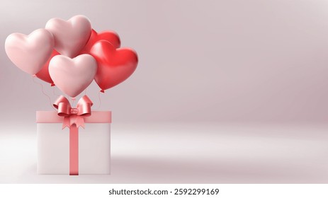 Happy valentines day with creative love composition of the hearts. Gift box with red ribbon bow 
