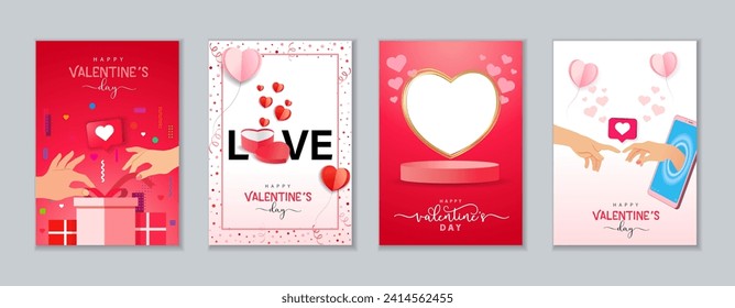 Feliz Día de San Valentín creativos afiches ambientados. Manos de pareja, caja de regalo 3d en forma de corazón, podio vacío y corazones de papel sobre fondo de confeti rosado. Ilustración del vector