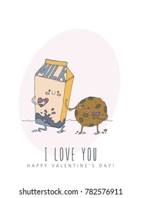 Happy Valentines day creative vector greeting card with cute character in line art style. Doodle holiday background. Love poster with milk and cookies