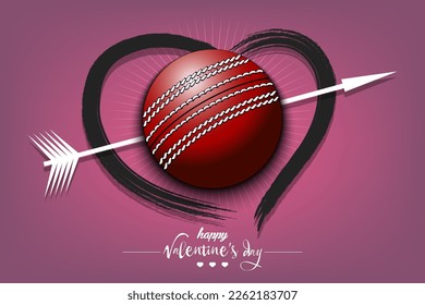 Happy Valentines Day. Cricket ball, arrow and heart. Design pattern on the cricket theme for greeting card, logo, emblem, banner, poster, flyer, badges. Vector illustration