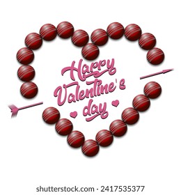 Happy Valentines Day. Cricket balls laid out in the shape of the heart. Design pattern for greeting card, banner, poster, flyer, invitation party. Vector illustration on isolated background