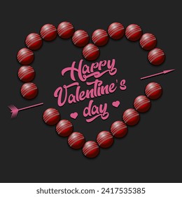 Happy Valentines Day. Cricket balls laid out in the shape of the heart. Design pattern for greeting card, banner, poster, flyer, invitation party. Vector illustration on isolated background