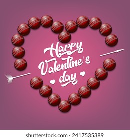 Happy Valentines Day. Cricket balls laid out in the shape of the heart. Design pattern for greeting card, banner, poster, flyer, invitation party. Vector illustration on isolated background