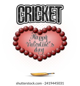 Happy Valentines Day. Cricket balls laid out in the shape of the heart. Design pattern for greeting card, banner, poster, flyer, invitation party. Vector illustration on isolated background