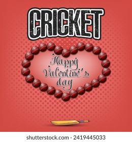 Happy Valentines Day. Cricket balls laid out in the shape of the heart. Design pattern for greeting card, banner, poster, flyer, invitation party. Vector illustration on isolated background