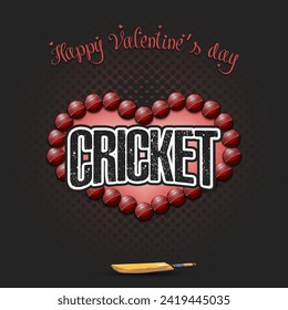 Happy Valentines Day. Cricket balls laid out in the shape of the heart. Design pattern for greeting card, banner, poster, flyer, invitation party. Vector illustration on isolated background