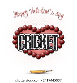 Happy Valentines Day. Cricket balls laid out in the shape of the heart. Design pattern for greeting card, banner, poster, flyer, invitation party. Vector illustration on isolated background